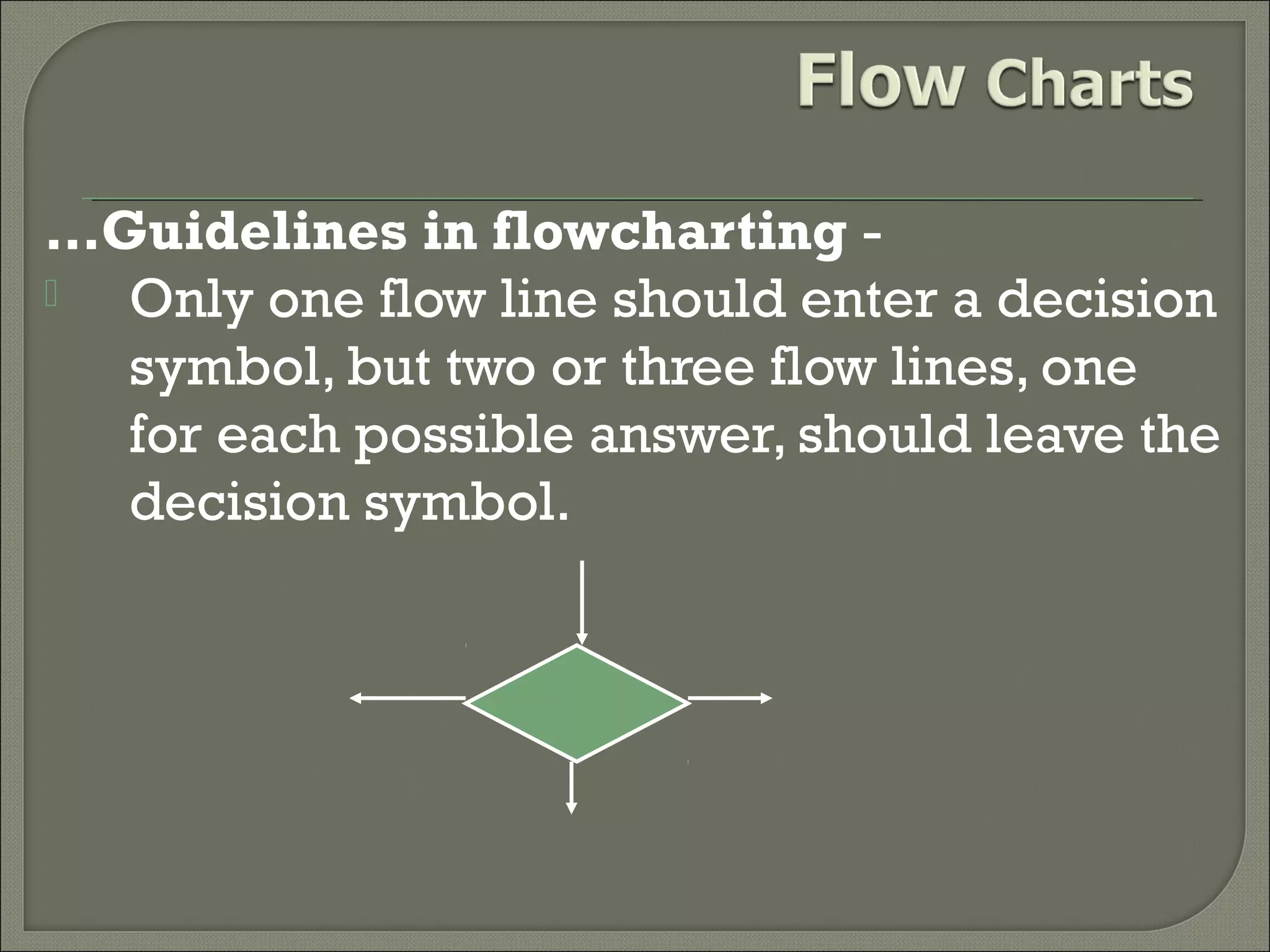 …Guidelines in flowcharting 
Only one flow line should enter a decision
symbol, but two or three flow lines, one
for each possible answer, should leave the
decision symbol.

 