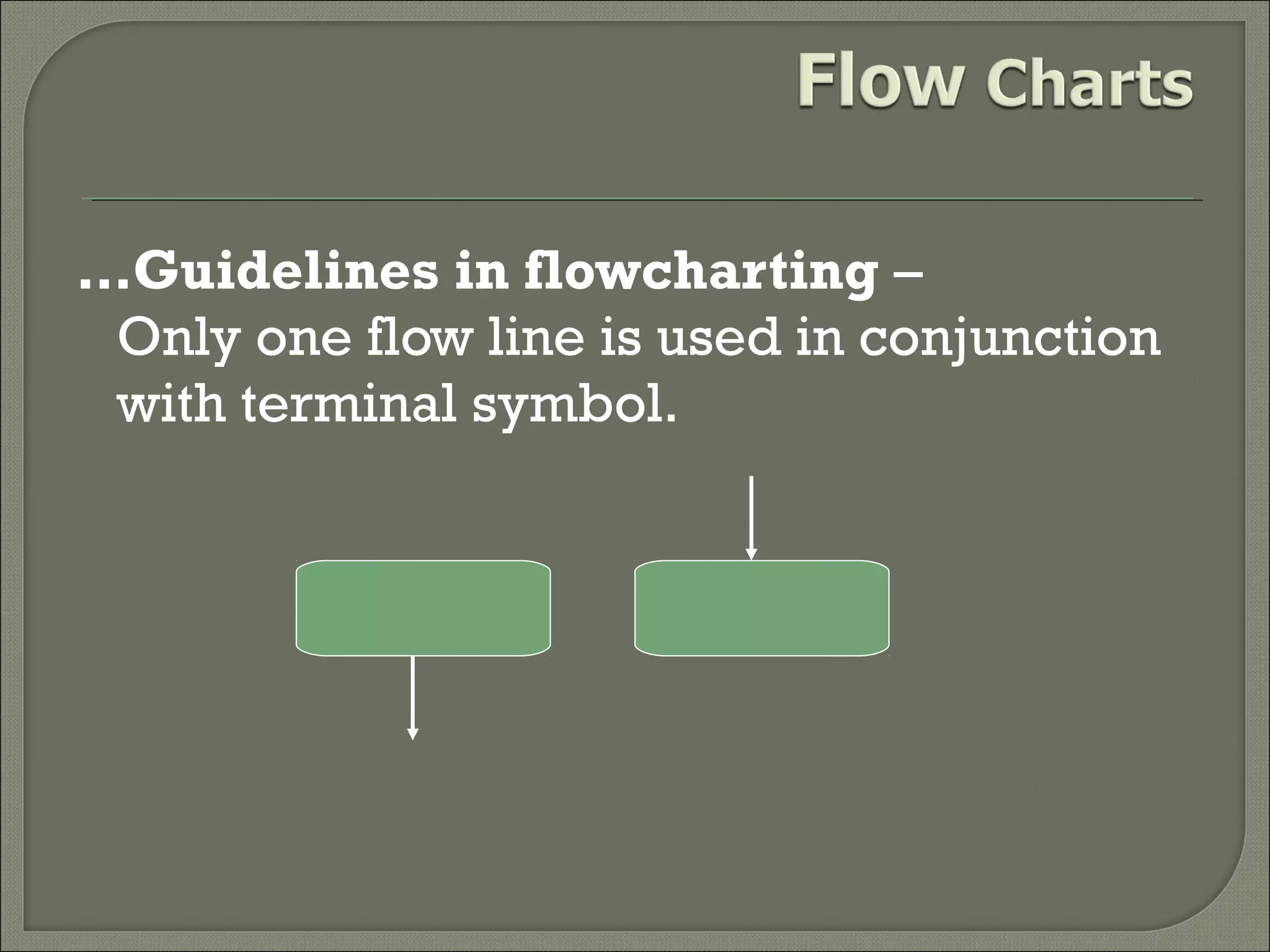 …Guidelines in flowcharting –
Only one flow line is used in conjunction
with terminal symbol.

 