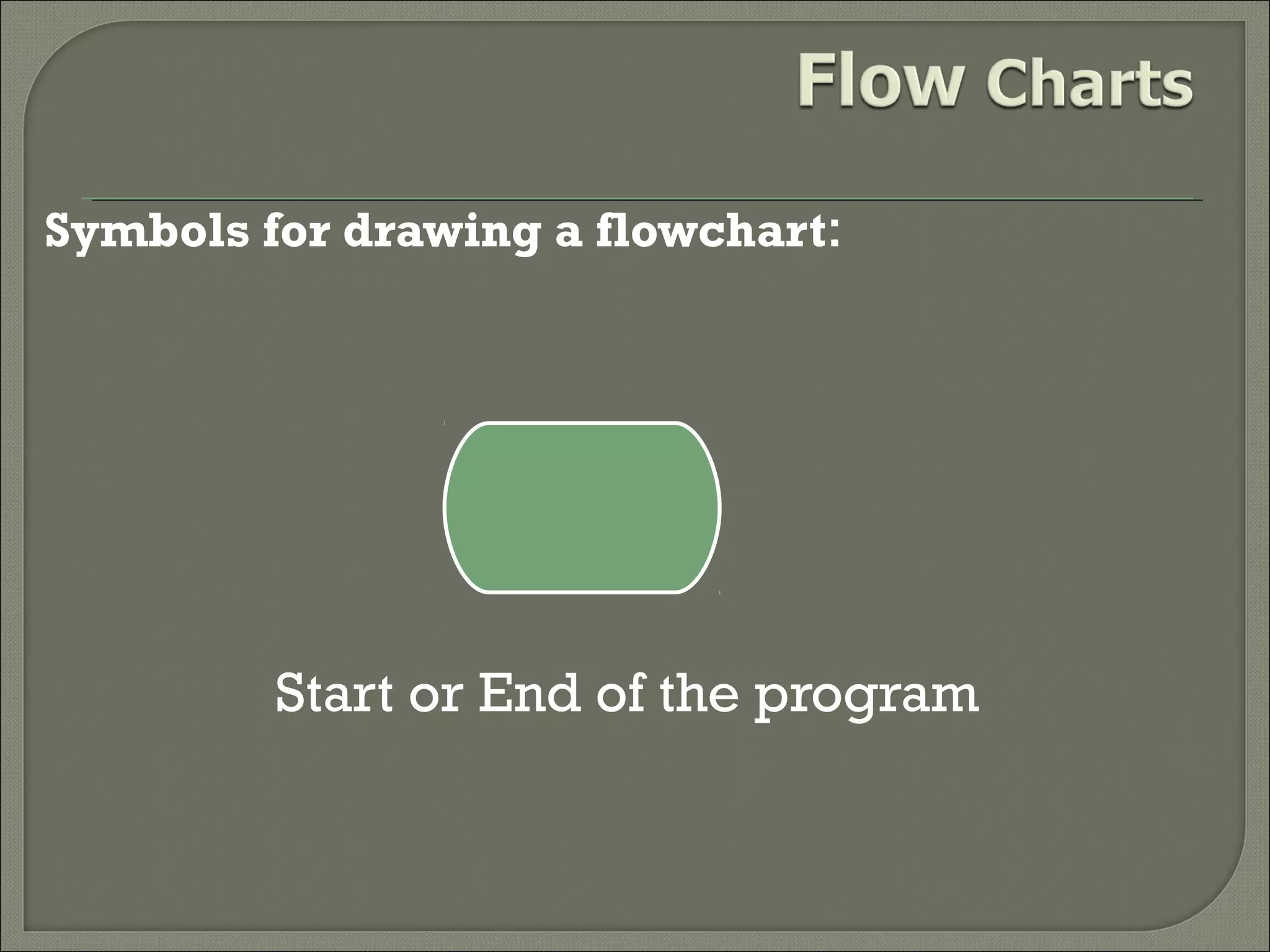 Symbols for drawing a flowchart:

Start or End of the program

 