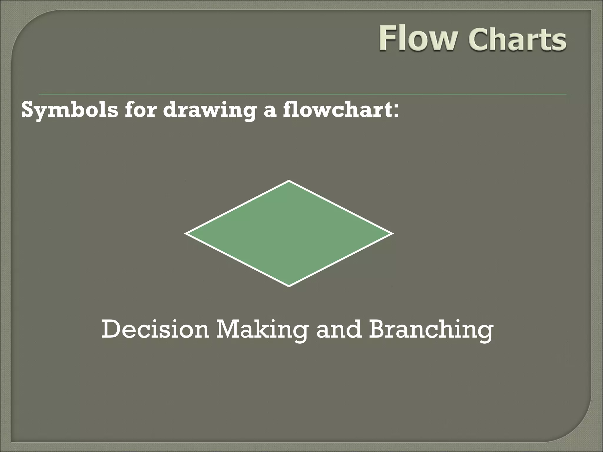 Symbols for drawing a flowchart:

Decision Making and Branching

 
