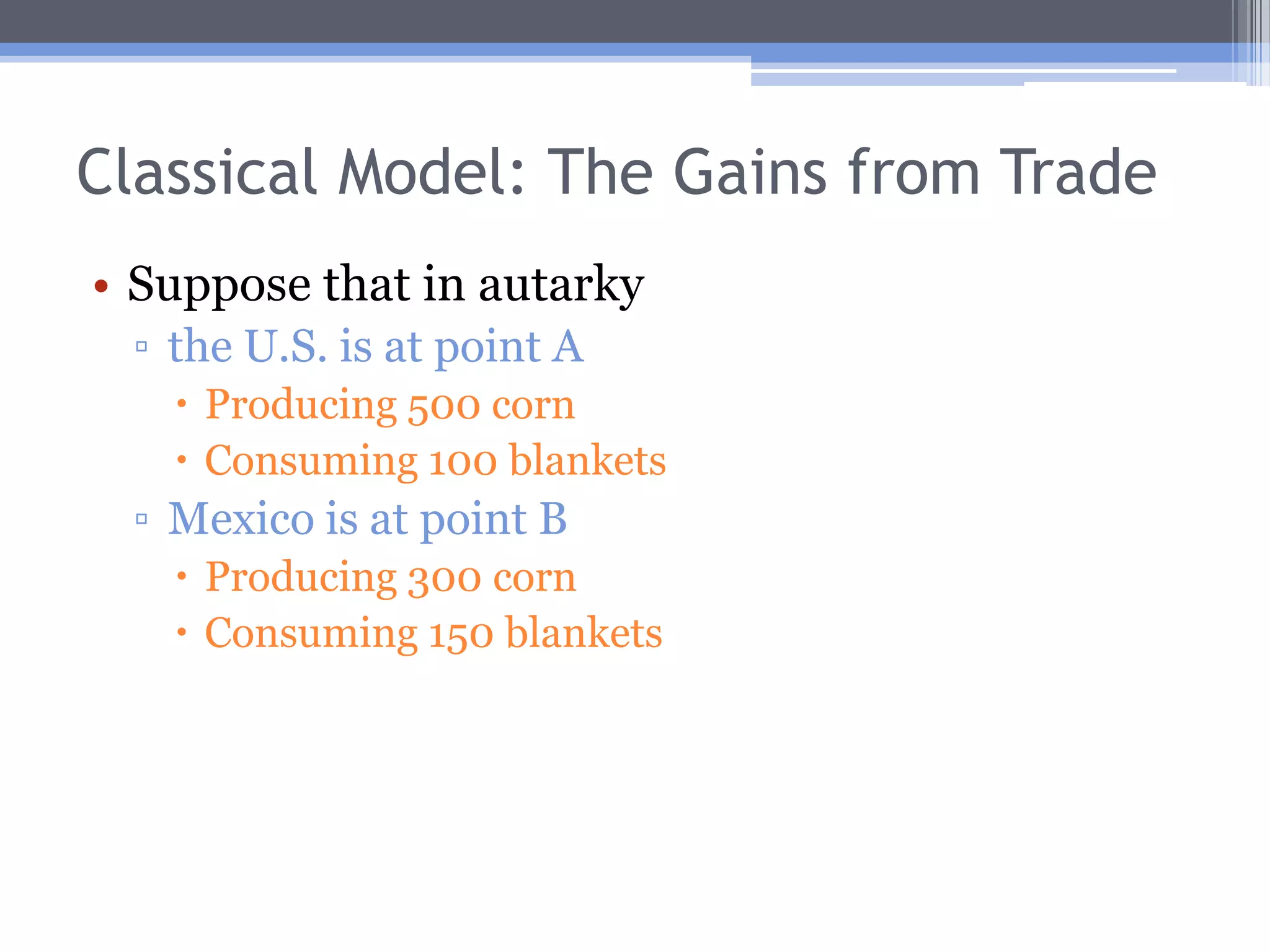 Mexico’s Production PossibilitiesCorn600Slope = -2, or the opportunity cost of blankets Blankets300
