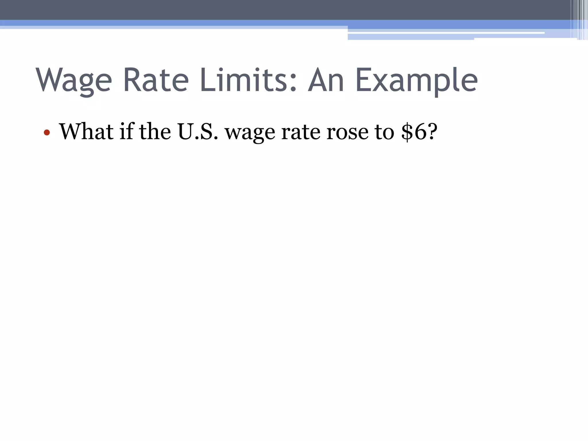 Wage Rate Limits: An ExampleShould the U.S. (Country 1) export wheat?  It should ifSince 2/6 < 1/(3*0.5)The U.S. should export wheat U.S. wheat price is $6U.K. wheat price is £6 = $12 after exchange rateIt’s easy to show that the U.K. should export cloth.