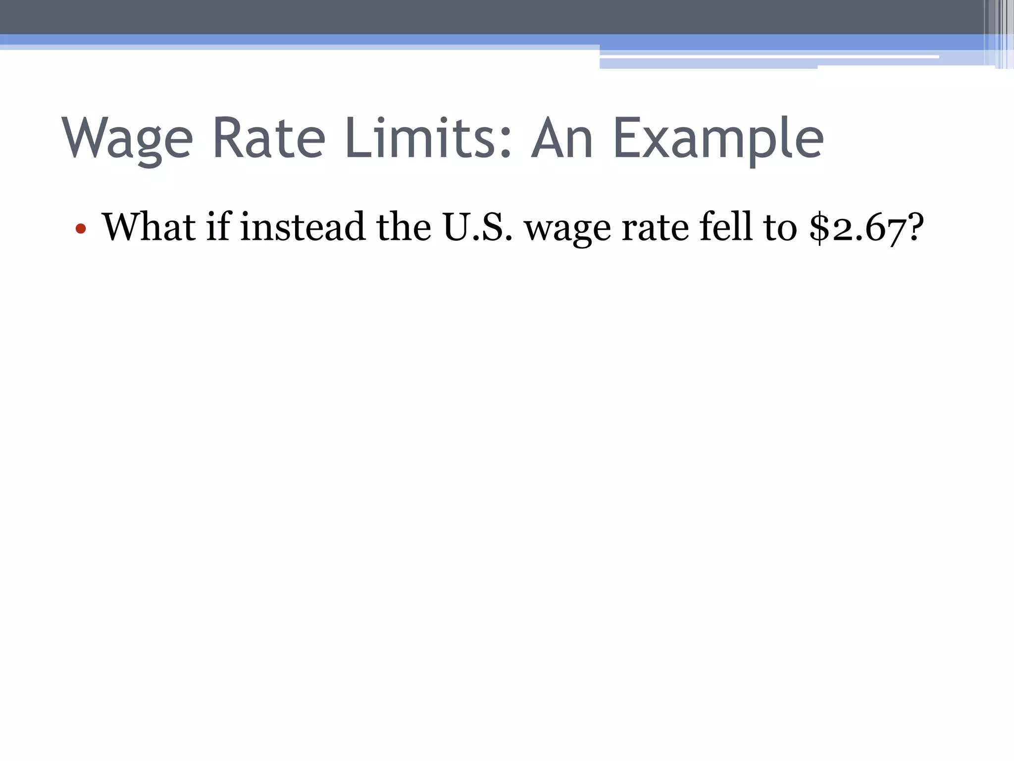 Wage Rate Limits: An ExampleNow the U.S. wheat price is the same as the U.K.’s, if we state them in a common currency.Exchange rate: £1 = $2Therefore, If the wage rate in the U.S. should rise above $6, the U.K. will no longer buy U.S. wheat (trade will cease).