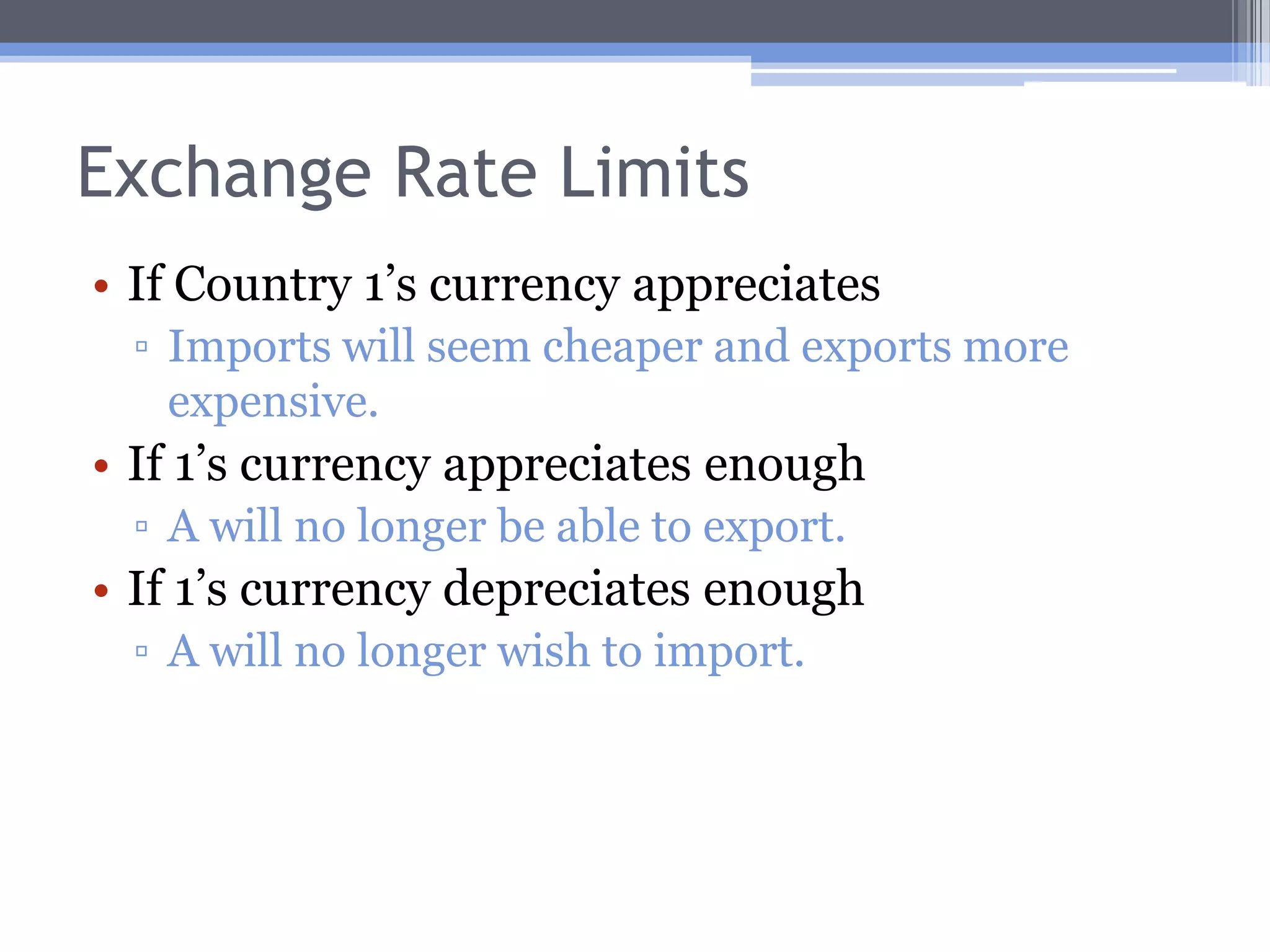 Country 2’s Wage Rate LimitsChanges in Country 2’s wage rates also can affect the pattern of trade.If 2’s wage rises too much, they will not be able to export any more.If 2’s wage falls too much, 2 will no longer wish to import.
