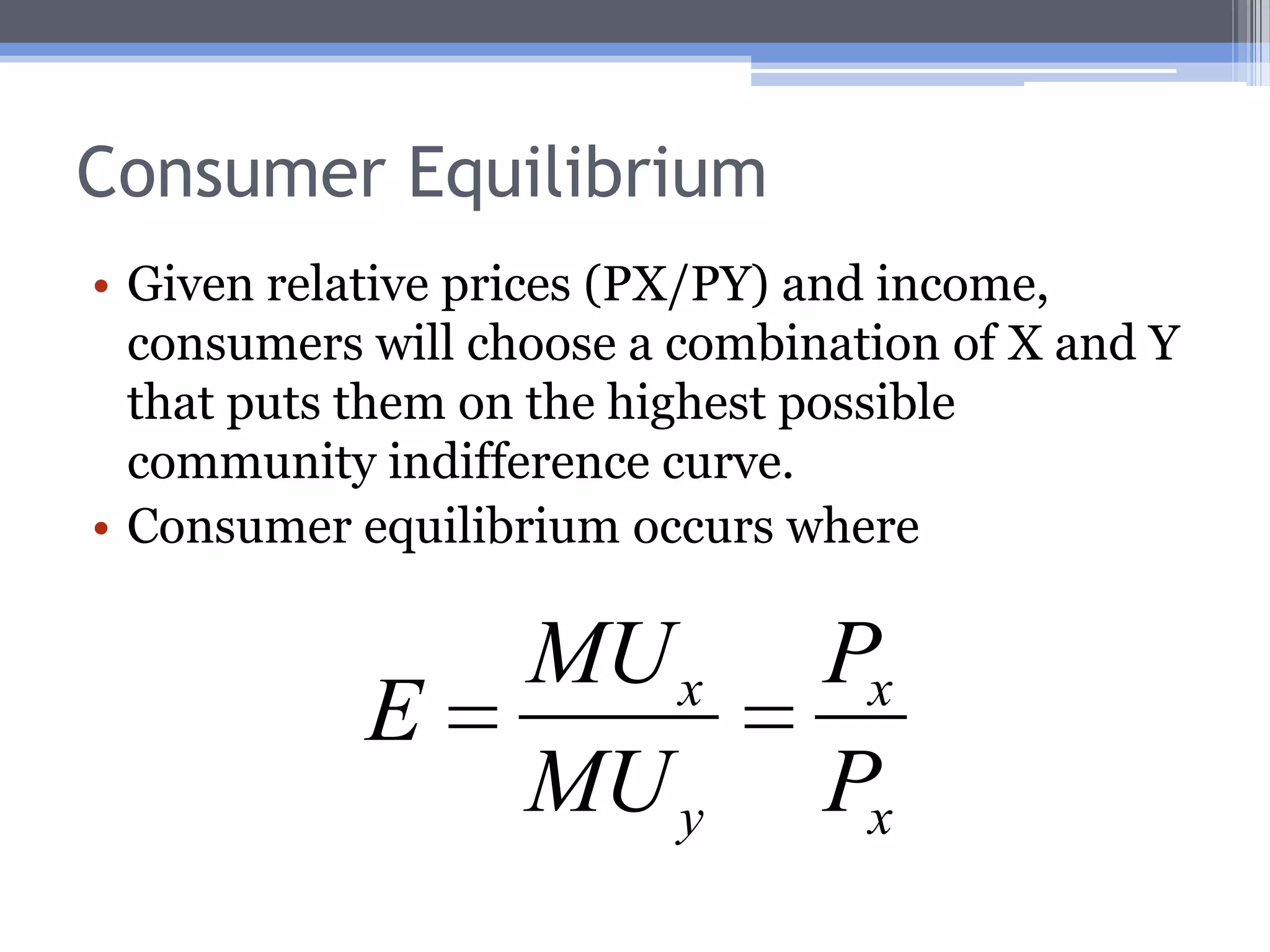 Consumer Budget ConstraintYBudget constraint shows combinations of X and Y that can be purchased with a given level of income at fixed prices. The slope of the budget constraint is –Px/PyX