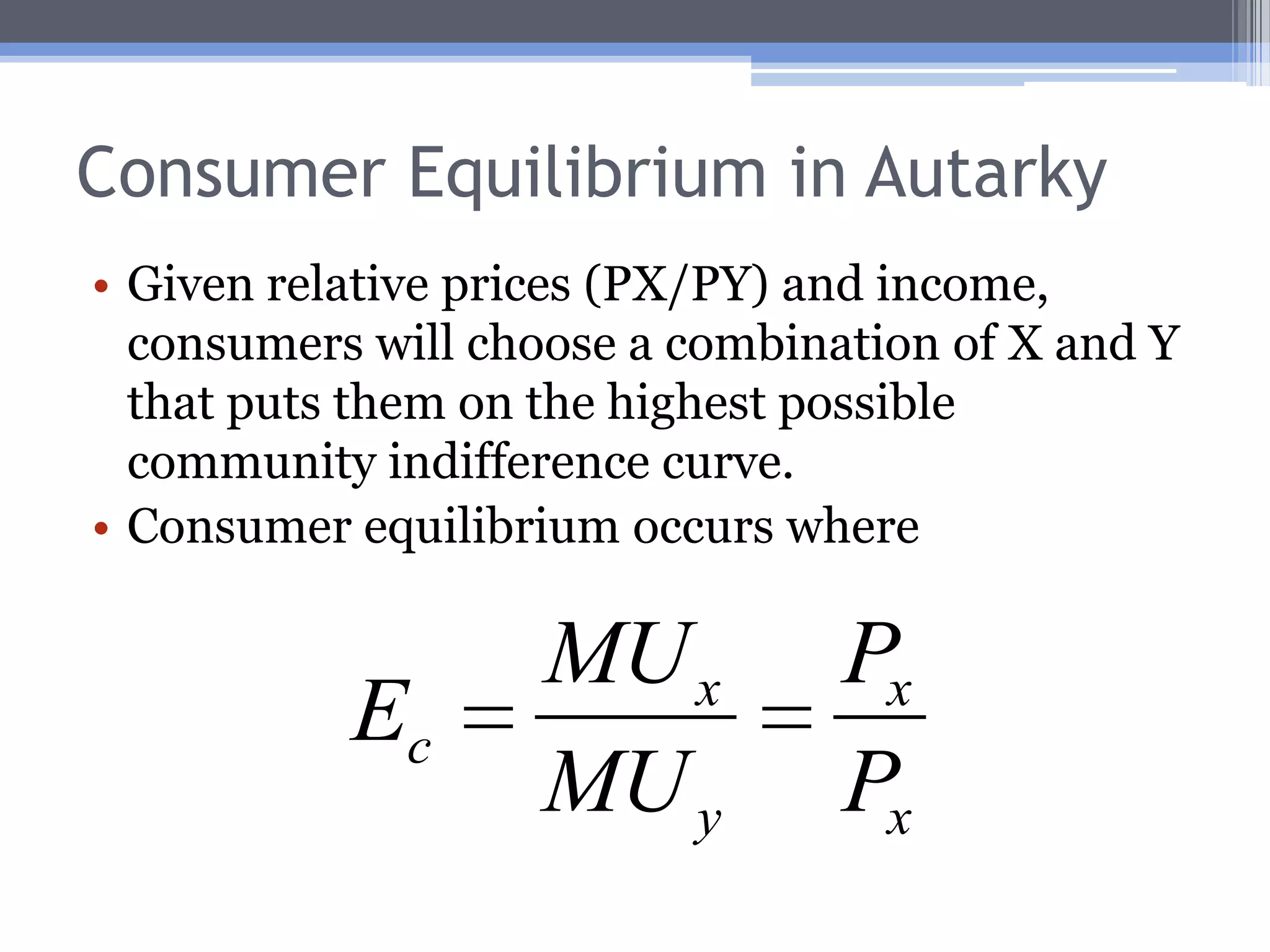 Producer Equilibrium in AutarkyYAt point E, MCX/MCY= PX/PY.EAutarky Price LinePPFX