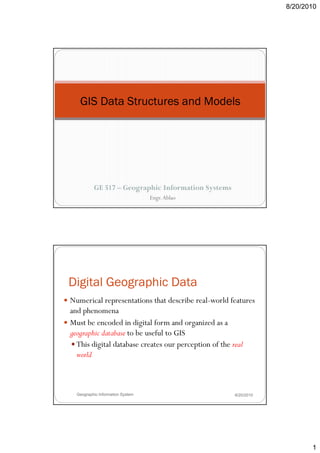 8/20/2010




   GIS Data Structures and Models




          GE 517 – Geographic Information Systems
                                  Engr. Ablao




Digital Geographic Data
Numerical representations that d ib real-world f
N       i l             i     h describe l         ld features
and phenomena
Must be encoded in digital form and organized as a
geographic database to be useful to GIS
  This digital database creates our perception of the real
  world



  Geographic Information System                        8/20/2010




                                                                          1
 
