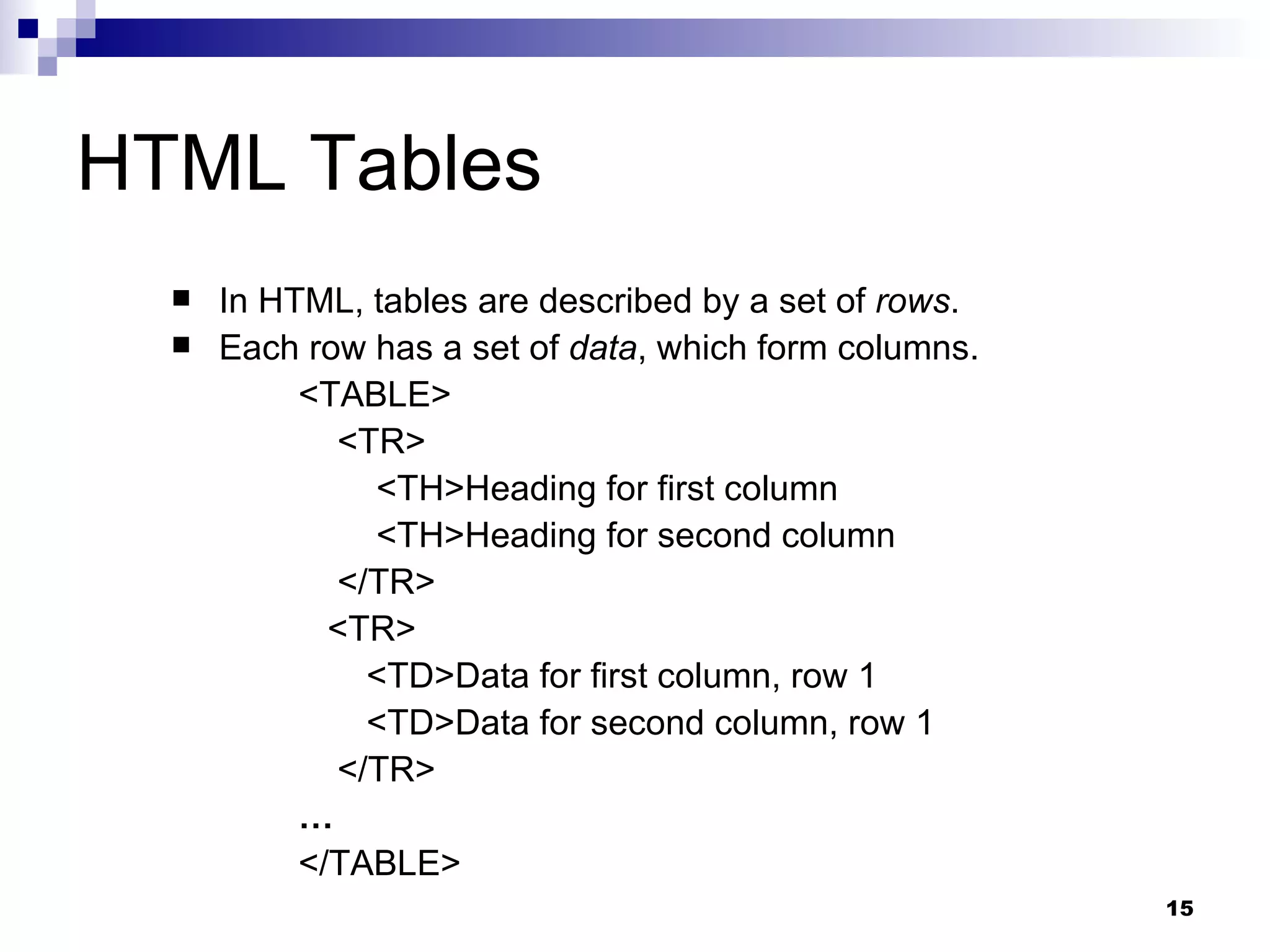 HTML Tables In HTML, tables are described by a set of  rows .  Each row has a set of  data , which form columns.  <TABLE> <TR> <TH>Heading for first column <TH>Heading for second column </TR> <TR> <TD>Data for first column, row 1 <TD>Data for second column, row 1 </TR>  … </TABLE> 