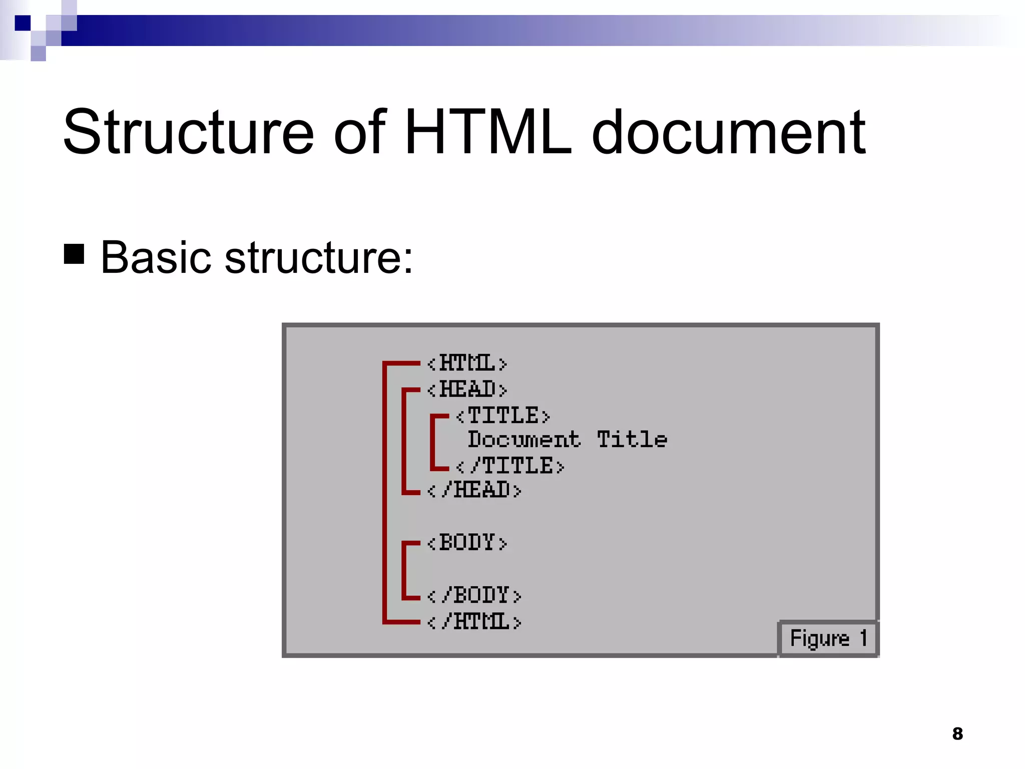 Structure of HTML document Basic structure: 