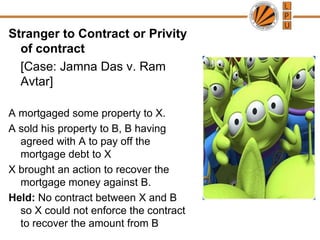 Stranger to Contract or Privity of contract	[Case: Jamna Das v. Ram Avtar]A mortgaged some property to X.A sold his property to B, B having agreed with A to pay off the mortgage debt to XX brought an action to recover the mortgage money against B.Held: No contract between X and B so X could not enforce the contract to recover the amount from B