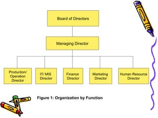Board of Directors Managing Director Production/ Operation Director IT/ MIS  Director Marketing  Director Finance  Director Human Resource Director Figure 1: Organization by Function 