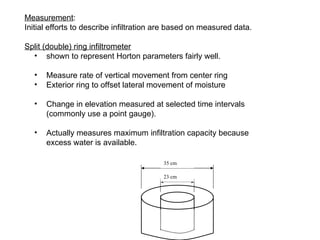 Measurement:
Initial efforts to describe infiltration are based on measured data.

Split (double) ring infiltrometer
  • shown to represent Horton parameters fairly well.

  •   Measure rate of vertical movement from center ring
  •   Exterior ring to offset lateral movement of moisture

  •   Change in elevation measured at selected time intervals
      (commonly use a point gauge).

  •   Actually measures maximum infiltration capacity because
      excess water is available.

                                         35 cm

                                         23 cm
 