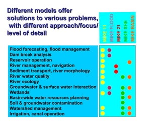 Different models offer




                                                    MIKE FLOOD
solutions to various problems,




                                                                                      MIKE BASIN
                                                                           MIKE SHE
 with different approach/focus/




                                                                 MIKE 21
                                          MIKE 11
level of detail

Flood forecasting, flood management
Dam break analysis
Reservoir operation
River management, navigation
Sediment transport, river morphology
River water quality
River ecology
Groundwater & surface water interaction
Wetlands
Basin-wide water resources planning
Soil & groundwater contamination
Watershed management
Irrigation, canal operation
 