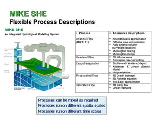 MIKE SHE
Flexible Process Descriptions




         Processes can be mixed as required
         Processes run on different spatial scales
         Processes run on different time scales
 