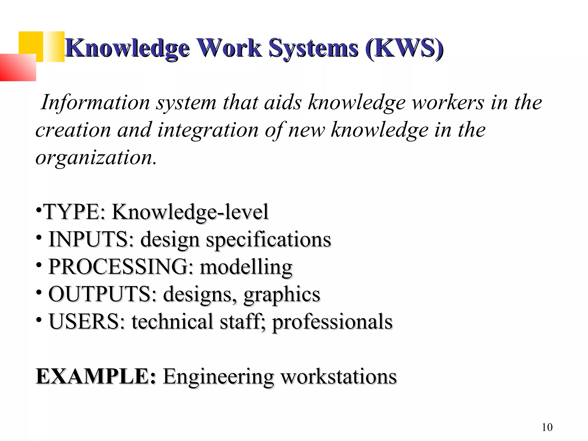Knowledge Work Systems (KWS)

 Information system that aids knowledge workers in the
creation and integration of new knowledge in the
organization.

•TYPE: Knowledge-level
• INPUTS: design specifications
• PROCESSING: modelling
• OUTPUTS: designs, graphics
• USERS: technical staff; professionals

EXAMPLE: Engineering workstations

                                                     10
 
