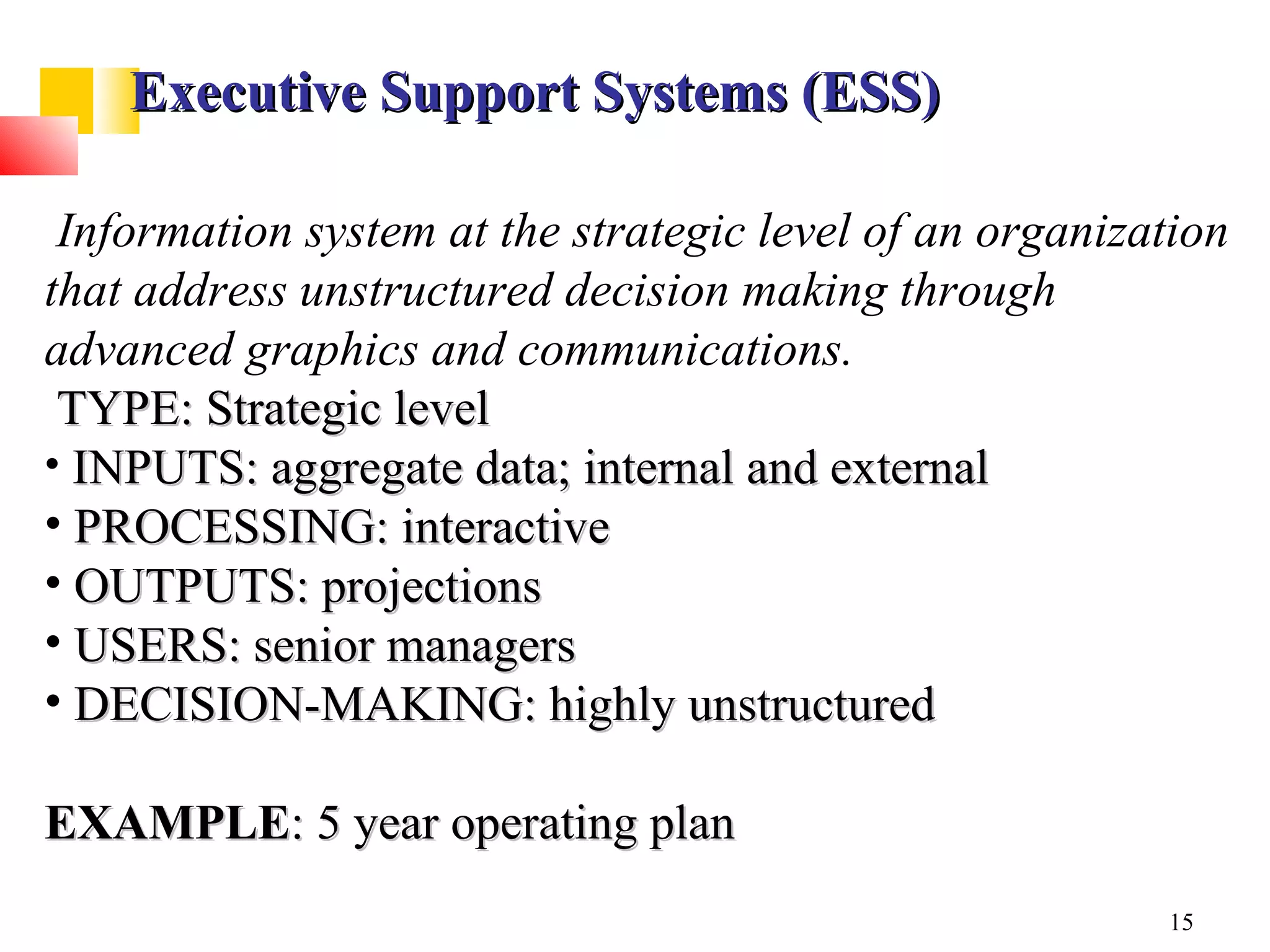 Executive Support Systems (ESS)

 Information system at the strategic level of an organization
that address unstructured decision making through
advanced graphics and communications.
 TYPE: Strategic level
• INPUTS: aggregate data; internal and external
• PROCESSING: interactive
• OUTPUTS: projections
• USERS: senior managers
• DECISION-MAKING: highly unstructured

EXAMPLE: 5 year operating plan
                                                         15
 