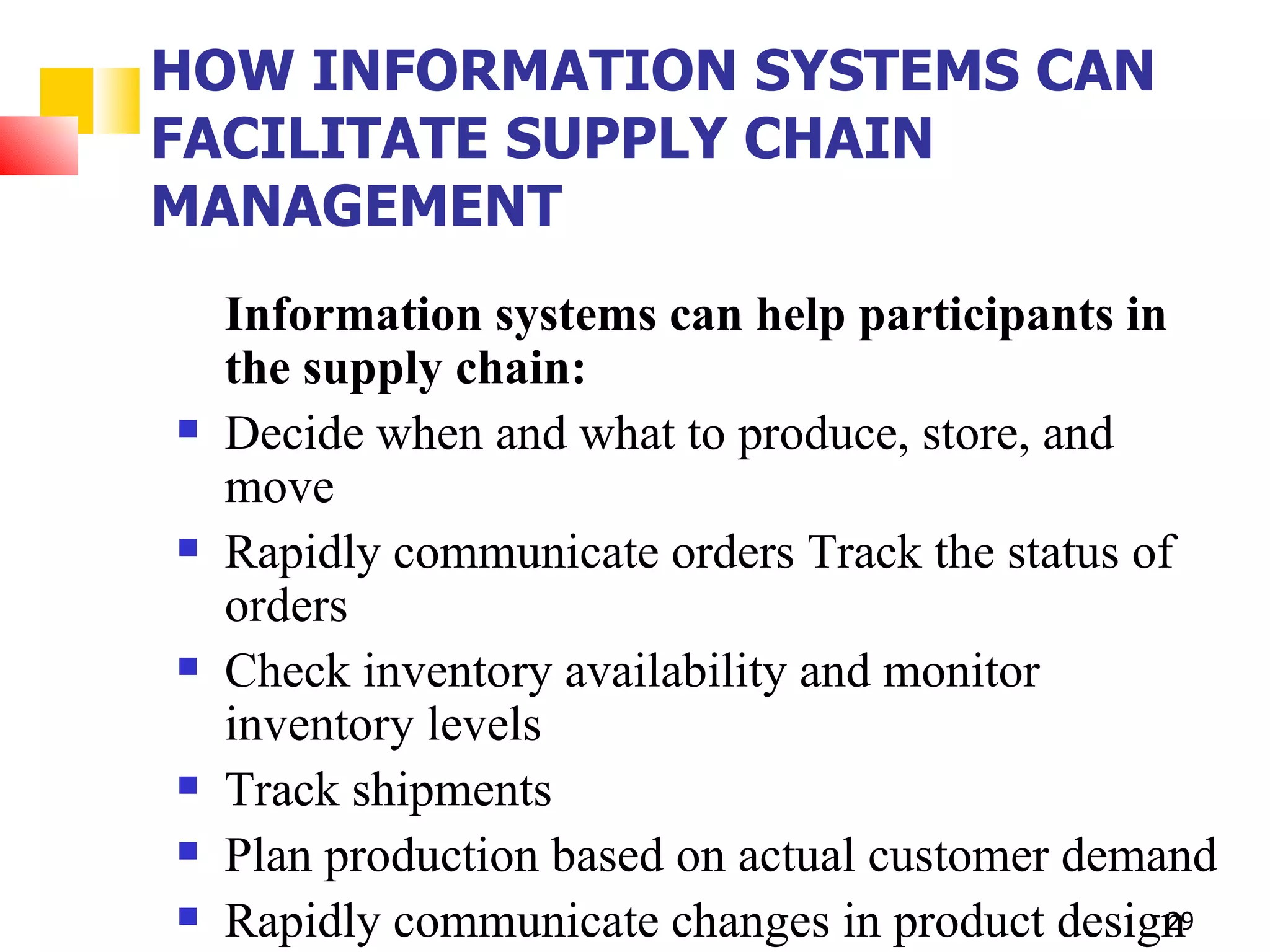 HOW INFORMATION SYSTEMS CAN
FACILITATE SUPPLY CHAIN
MANAGEMENT
    Information systems can help participants in
    the supply chain:
   Decide when and what to produce, store, and
    move
   Rapidly communicate orders Track the status of
    orders
   Check inventory availability and monitor
    inventory levels
   Track shipments
   Plan production based on actual customer demand
   Rapidly communicate changes in product design 29
 