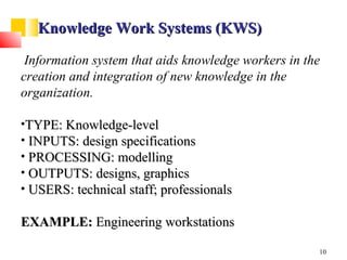 Knowledge Work Systems (KWS)

 Information system that aids knowledge workers in the
creation and integration of new knowledge in the
organization.

•TYPE: Knowledge-level
• INPUTS: design specifications
• PROCESSING: modelling
• OUTPUTS: designs, graphics
• USERS: technical staff; professionals

EXAMPLE: Engineering workstations

                                                     10
 