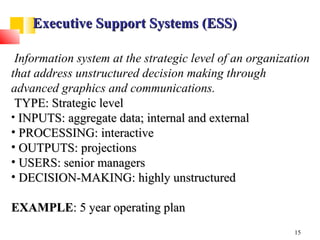 Executive Support Systems (ESS)

 Information system at the strategic level of an organization
that address unstructured decision making through
advanced graphics and communications.
 TYPE: Strategic level
• INPUTS: aggregate data; internal and external
• PROCESSING: interactive
• OUTPUTS: projections
• USERS: senior managers
• DECISION-MAKING: highly unstructured

EXAMPLE: 5 year operating plan
                                                         15
 