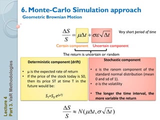 6. Monte-Carlo Simulation approach
                            Geometric Brownian Motion


                                                     S                                Very short period of time
                                                         t + s t
                                                      S
                                                 Certain component      Uncertain component

                                                  The return is uncertain or random
                                                                           Stochastic component
                               Deterministic component (drift)
Part 3. VaR Methodologies




                                                                       • ε is the ranom component of the
                            • μ is the expected rate of return
                                                                         standard normal distribution (mean
                            • If the price of the stock today is S0,
                                                                         0 and sd of 1).
                              then its price ST at time T in the
                                                                       • σ is the volatility
                              future would be:
                                                                       • The longer the time interval, the
                                          ST=S0 e(μT)
                                                                         more variable the return
Lecture 4




                                                        S
                                                            N ( t , s t )
                                                         S
 