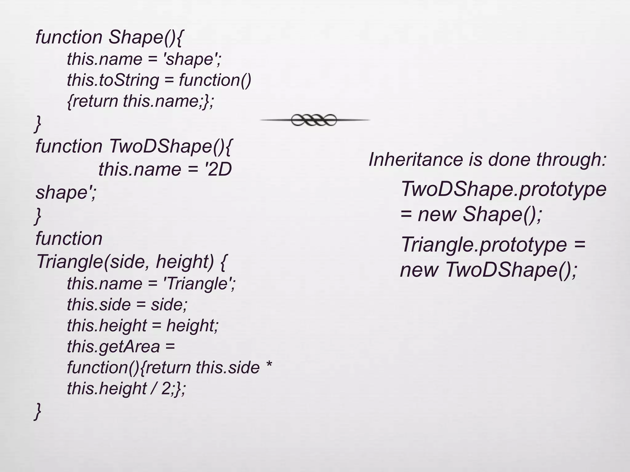 function Shape(){ this.name = 'shape'; this.toString = function() {return this.name;}; } function TwoDShape(){ Inheritance is done through: this.name = '2D shape'; TwoDShape.prototype } = new Shape(); function Triangle.prototype = Triangle(side, height) { new TwoDShape(); this.name = 'Triangle'; this.side = side; this.height = height; this.getArea = function(){return this.side * this.height / 2;}; } 