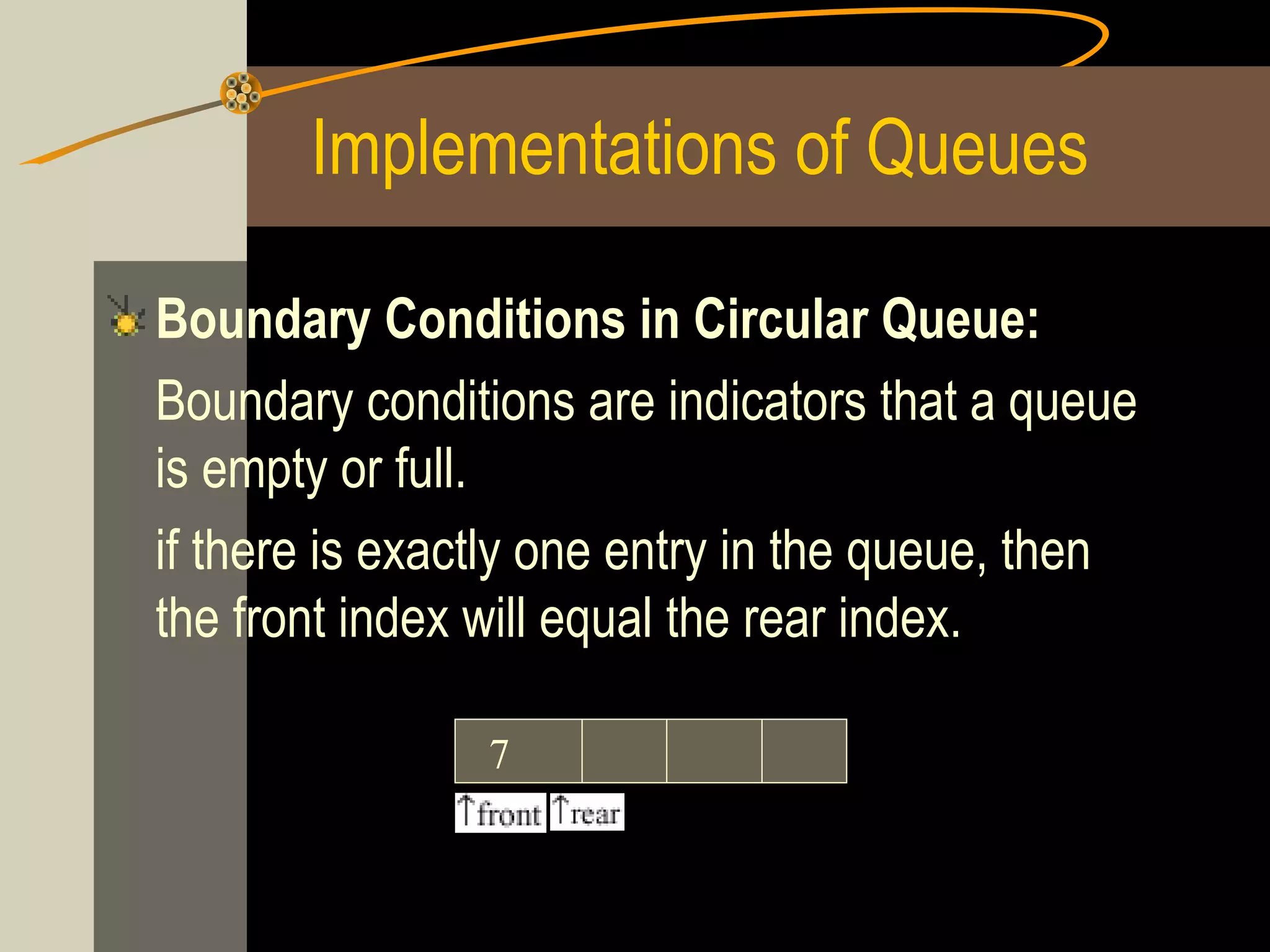 Implementations of Queues

Boundary Conditions in Circular Queue:
Boundary conditions are indicators that a queue
is empty or full.
if there is exactly one entry in the queue, then
the front index will equal the rear index.

                7
 