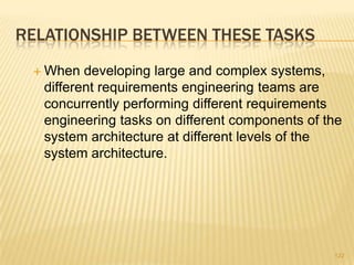 RELATIONSHIP BETWEEN THESE TASKS
 When developing large and complex systems,
different requirements engineering teams are
concurrently performing different requirements
engineering tasks on different components of the
system architecture at different levels of the
system architecture.
122
 