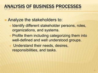 ANALYSIS OF BUSINESS PROCESSES
 Analyze the stakeholders to:
 Identify different stakeholder persons, roles,
organizations, and systems.
 Profile them including categorizing them into
well-defined and well understood groups.
 Understand their needs, desires,
responsibilities, and tasks.
19
 