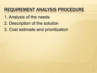 REQUIREMENT ANALYSIS PROCEDURE
1. Analysis of the needs
2. Description of the solution
3. Cost estimate and prioritization
35
 