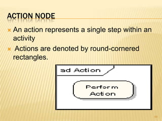 ACTION NODE
 An action represents a single step within an
activity
 Actions are denoted by round-cornered
rectangles.
68
 