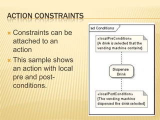 ACTION CONSTRAINTS
 Constraints can be
attached to an
action
 This sample shows
an action with local
pre and post-
conditions.
69
 