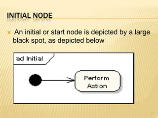 INITIAL NODE
 An initial or start node is depicted by a large
black spot, as depicted below
71
 