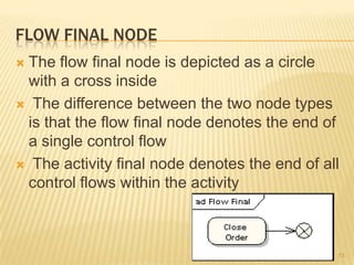 FLOW FINAL NODE
 The flow final node is depicted as a circle
with a cross inside
 The difference between the two node types
is that the flow final node denotes the end of
a single control flow
 The activity final node denotes the end of all
control flows within the activity
73
 