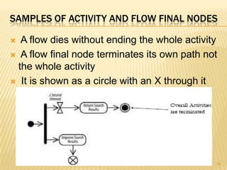 SAMPLES OF ACTIVITY AND FLOW FINAL NODES
 A flow dies without ending the whole activity
 A flow final node terminates its own path not
the whole activity
 It is shown as a circle with an X through it
74
 