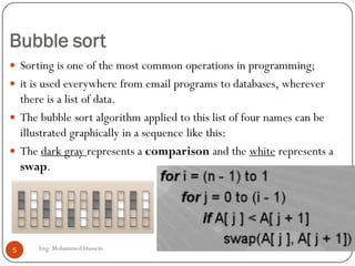 Bubble sort
 Sorting is one of the most common operations in programming;
 it is used everywhere from email programs to databases, wherever
there is a list of data.
 The bubble sort algorithm applied to this list of four names can be
illustrated graphically in a sequence like this:
 The dark gray represents a comparison and the white represents a
swap.
5 Eng: Mohammed Hussein
 