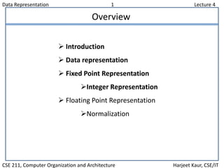 Data Representation 1 Lecture 4
CSE 211, Computer Organization and Architecture Harjeet Kaur, CSE/IT
Overview
 Introduction
 Data representation
 Fixed Point Representation
Integer Representation
 Floating Point Representation
Normalization
 