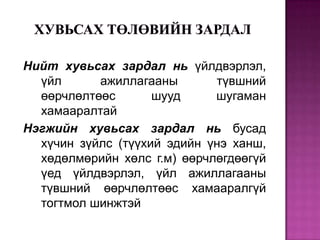 Нийт хувьсах зардал нь үйлдвэрлэл,
үйл
ажиллагааны
түвшний
өөрчлөлтөөс
шууд
шугаман
хамааралтай
Нэгжийн хувьсах зардал нь бусад
хүчин зүйлс (түүхий эдийн үнэ ханш,
хөдөлмөрийн хөлс г.м) өөрчлөгдөөгүй
үед үйлдвэрлэл, үйл ажиллагааны
түвшний өөрчлөлтөөс хамааралгүй
тогтмол шинжтэй

 