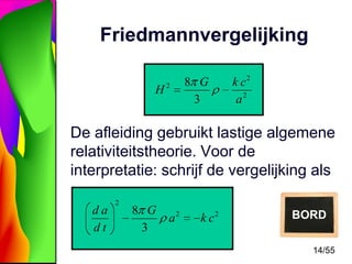Friedmannvergelijking
H

2

8 G
3

k c2
a2

De afleiding gebruikt lastige algemene
relativiteitstheorie. Voor de
interpretatie: schrijf de vergelijking als
da
dt

2

8 G
3

a2

k c2

BORD
14/55

 