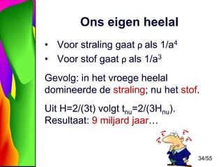 Ons eigen heelal
• Voor straling gaat ρ als 1/a4
• Voor stof gaat ρ als 1/a3

Gevolg: in het vroege heelal
domineerde de straling; nu het stof.
Uit H=2/(3t) volgt tnu=2/(3Hnu).
Resultaat: 9 miljard jaar…

34/55

 