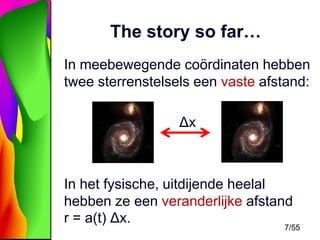 The story so far…
In meebewegende coördinaten hebben
twee sterrenstelsels een vaste afstand:
Δx

In het fysische, uitdijende heelal
hebben ze een veranderlijke afstand
r = a(t) Δx.

7/55

 