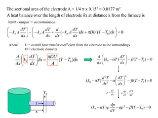 x
T
T0
The sectional area of the electrode A = 1/4 x 0.152 = 0.0177 m2
A heat balance over the length of electrode x at distance x from the furnace is
input - output = accumulation
0)()( 0 xTTDUx
dx
dT
Ak
dx
d
dx
dT
Ak
dx
dT
Ak TTT
where U = overall heat transfer coefficient from the electrode to the surroundings
D = electrode diameter
xTT
A
DU
x
dx
dT
k
dx
d
T )( 0
0)()( 00 TT
dx
dT
Tk
dx
d
0)()( 0
2
2
2
0 TT
dx
dT
dx
Td
Tk
dx
dT
p 2
2
dx
Td
dT
dp
p
0)()( 0
2
0 TTp
dT
dp
pTk
 