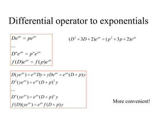 Differential operator to exponentials
pxpx
pxnpxn
pxpx
epfeDf
epeD
peDe
)()(
...
pxpx
eppeDD )23()23( 22
ypDfeyeDf
ypDeyeD
ypDeyeD
ypDeyDeDyeyeD
pxpx
npxpxn
pxpx
pxpxpxpx
)())((
)()(
...
)()(
)()(
22
More convenient!
 