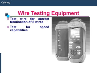 Wire Testing Equipment 
Cabling 
Test wire for correct 
termination of 8 wires 
Test for speed 
capabilities 
 
