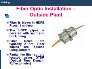 Fiber Optic Installation – 
Outside Plant 
Cabling 
Fiber is blown in HDPE 
Pipes, 1 m deep. 
The HDPE pipes is 
covered with sand and 
brick lining 
Fiber Roles are 
typically 2 Km. Fiber 
cables are spliced 
using Jointers 
Faults like fiber cut are 
located using OTDR 
(Optical Time Domain 
Reflectometer) 
