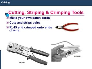 Cabling 
Cutting, Striping & Crimping Tools 
Make your own patch cords 
Cuts and strips pairs 
RJ45 end crimped onto ends 
of wire 
 