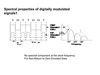 Spectral properties of digitally modulated
signals1
Bit
TimeT
Time
RZ
Encoded
Data
NRZ
Encoded
Data
1 0 1 1 0 0 1
Frequency
1/T 2/T 3/T
P
o
w
e
r
No spectral component at the clock frequency
For Non-Return to Zero Encoded Data
 