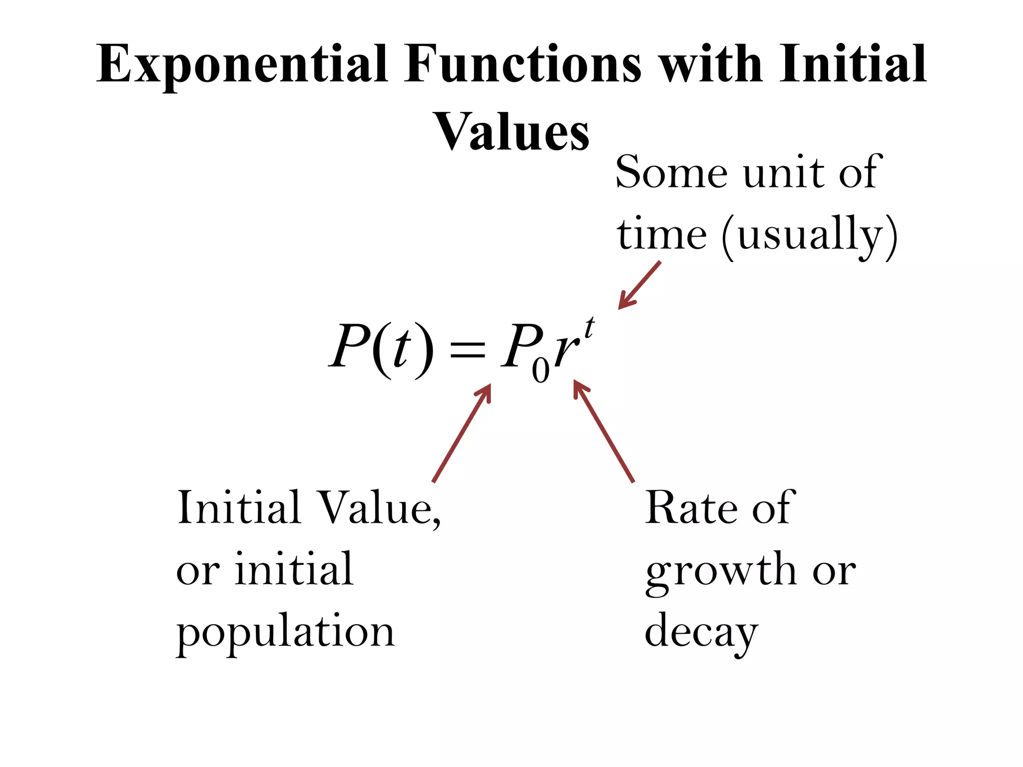 Exponential Functions with Initial
Values
Initial Value,
or initial
population
Rate of
growth or
decay
Some unit of
time (usually)
t
rPtP 0)( 
 