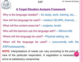 10
Dr. Hameed Al-ZubeiryESP
NOTE: Interpretations of needs can vary according to the point of
view of the particular respondent. A negotiation is necessary to
arrive at satisfactory compromise
A Target Situation Analysis Framework
Why is the language needed? – for study, work, training, etc,..
How will the language be used? – medium (SLWR), channel,…
What will the content areas be? – subjects, levels
Who will the learners use the language with? – NS/non-NS.
Where will the language be used? - Physical setting, etc.
When will the language be used? – concurrently with the
ESP/subsequently ,
 