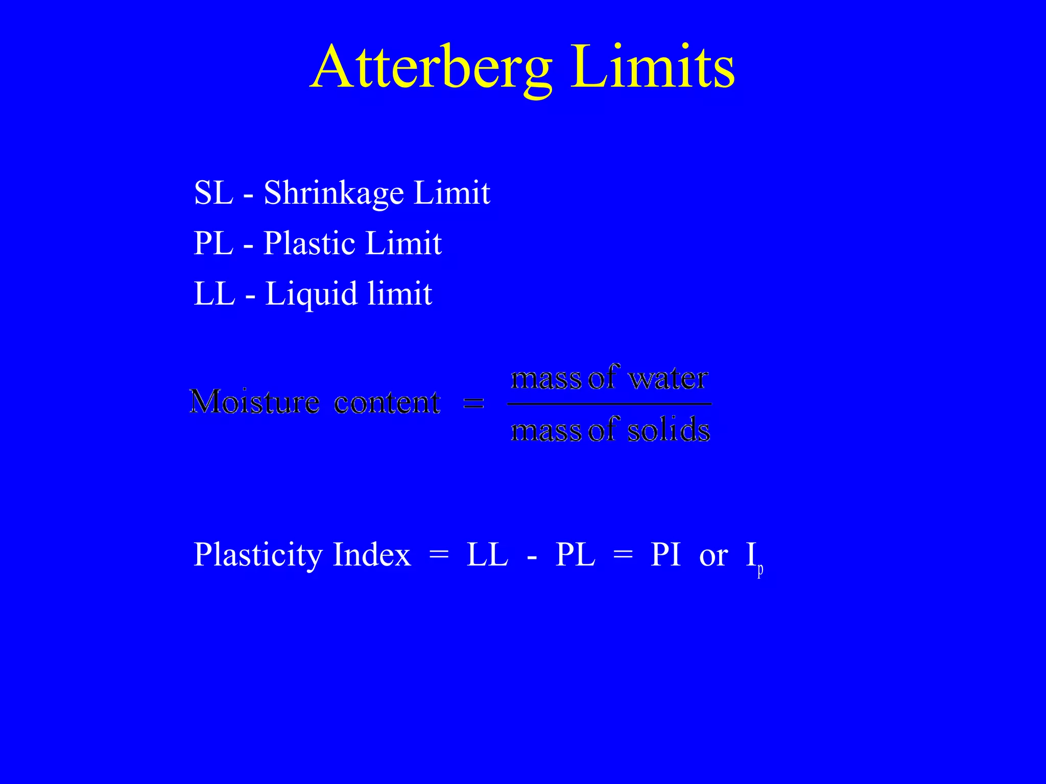 Atterberg Limits
SL - Shrinkage Limit
PL - Plastic Limit
LL - Liquid limit
Plasticity Index = LL - PL = PI or Ip
 
