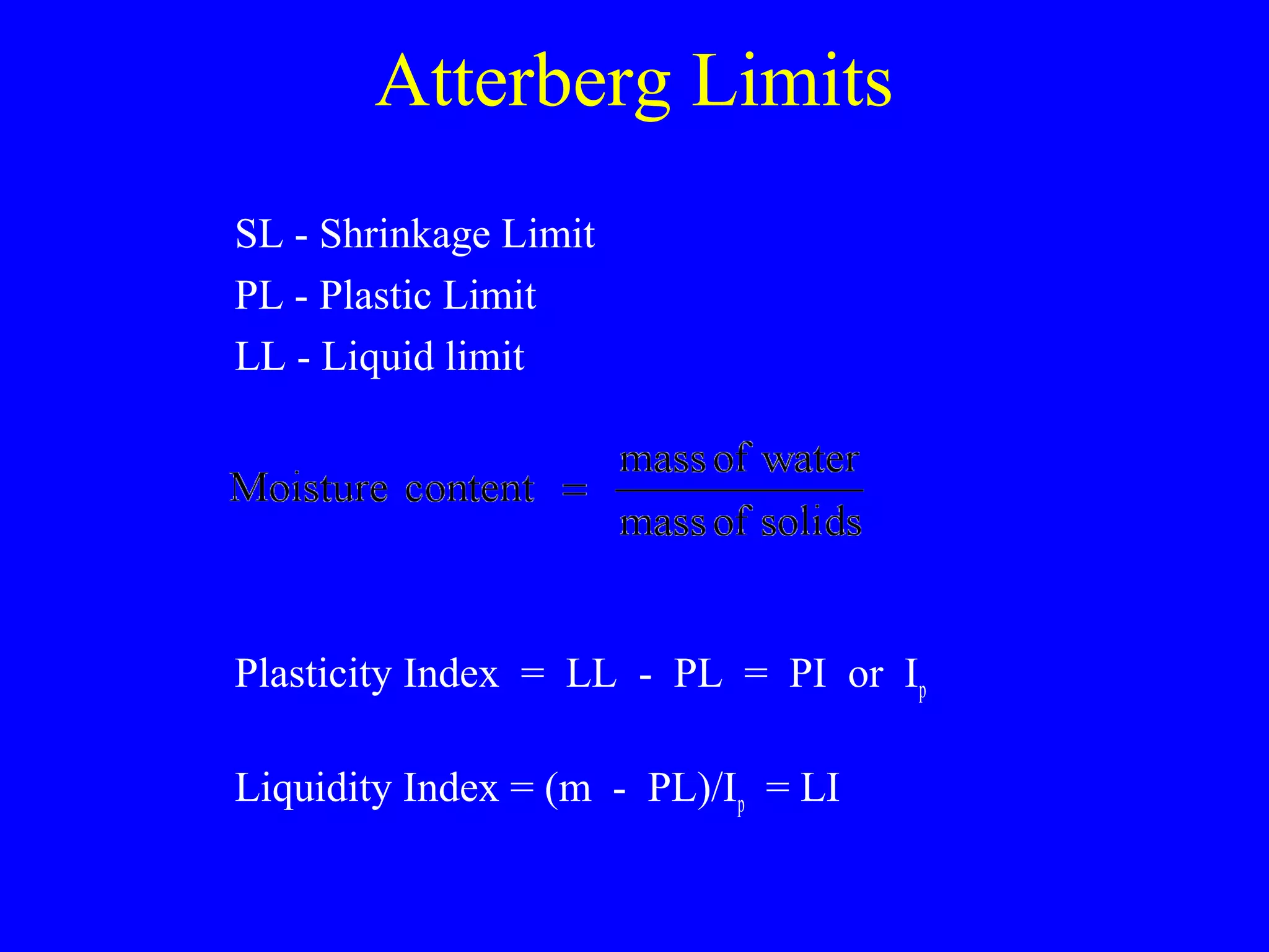 Atterberg Limits
SL - Shrinkage Limit
PL - Plastic Limit
LL - Liquid limit
Plasticity Index = LL - PL = PI or Ip
Liquidity Index = (m - PL)/Ip = LI
 